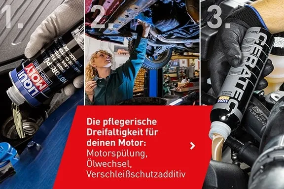 Ein dreigeteiltes Bild in dem 3 Liqui Moly Produkte Anwendung finden.